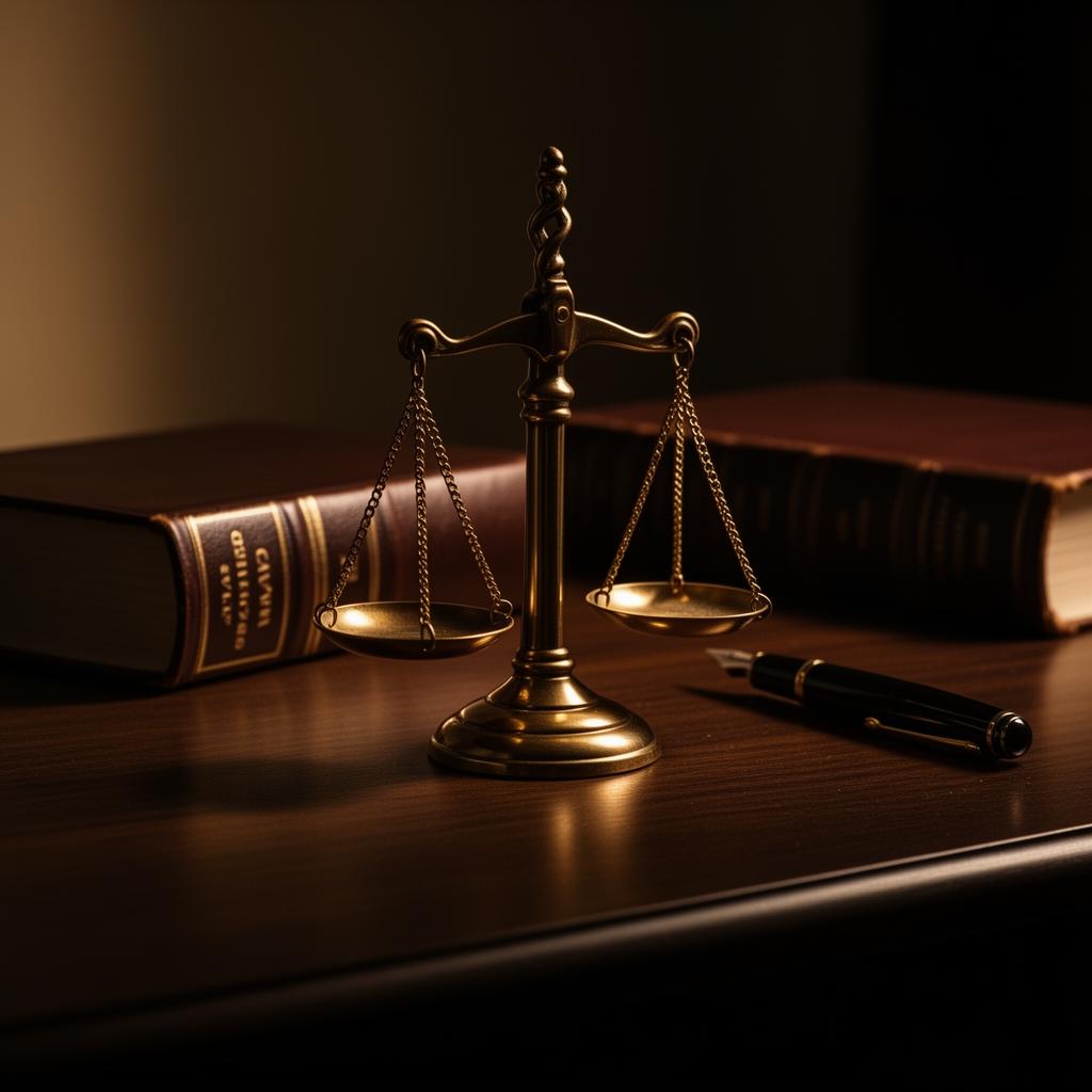 Brass scales of justice on a dark wood desk