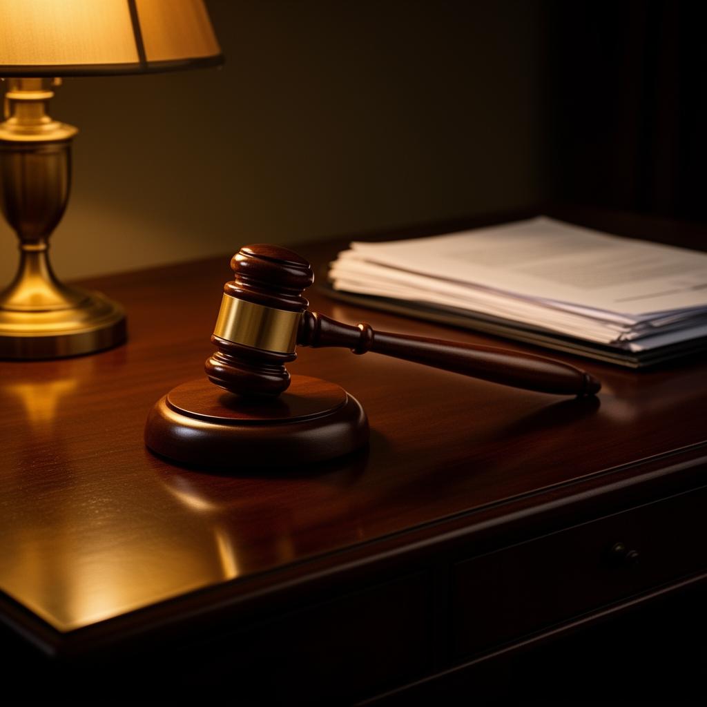A wooden gavel beside a stack of legal documents