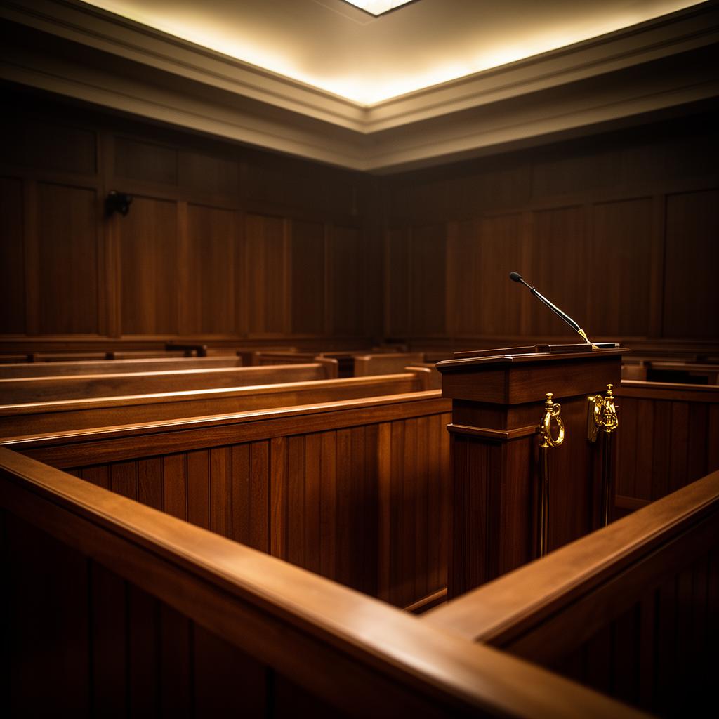 Empty courtroom witness stand and jury box