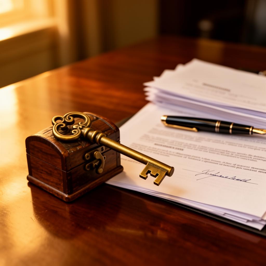 Antique brass key resting on a small wooden chest beside legal documents