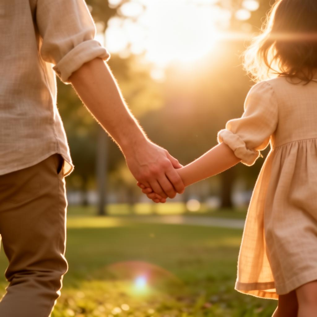 Parent and child holding hands at sunset