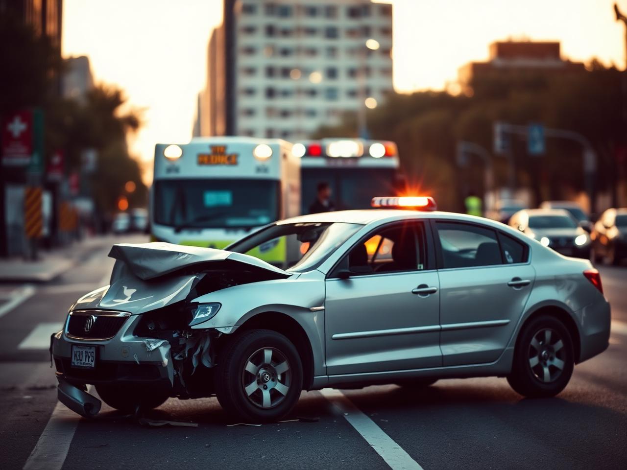 Damaged vehicle on a city street with emergency response in the background