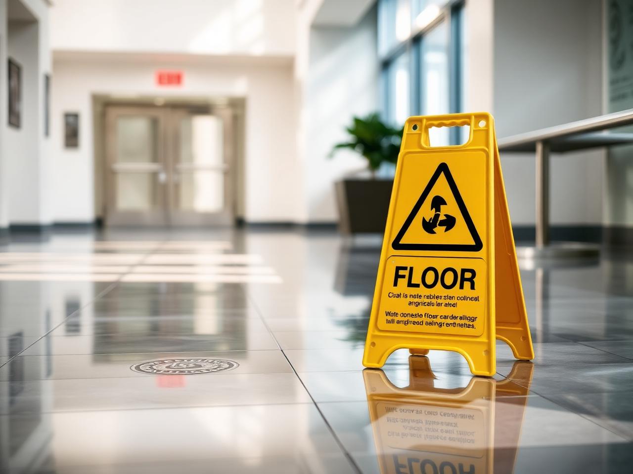 Wet floor caution sign in a polished commercial lobby