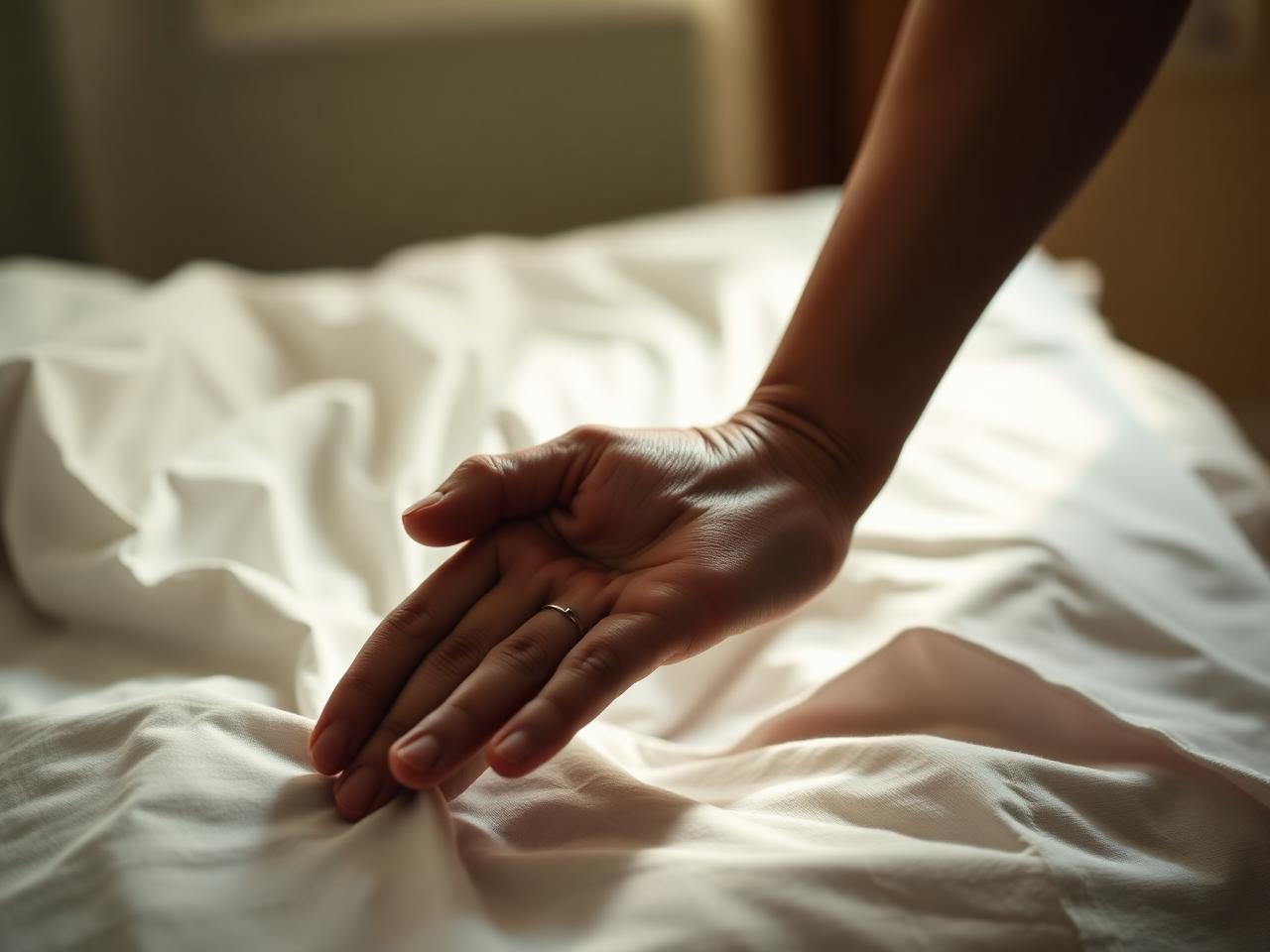 A gentle hand resting on white linens, evoking quiet remembrance