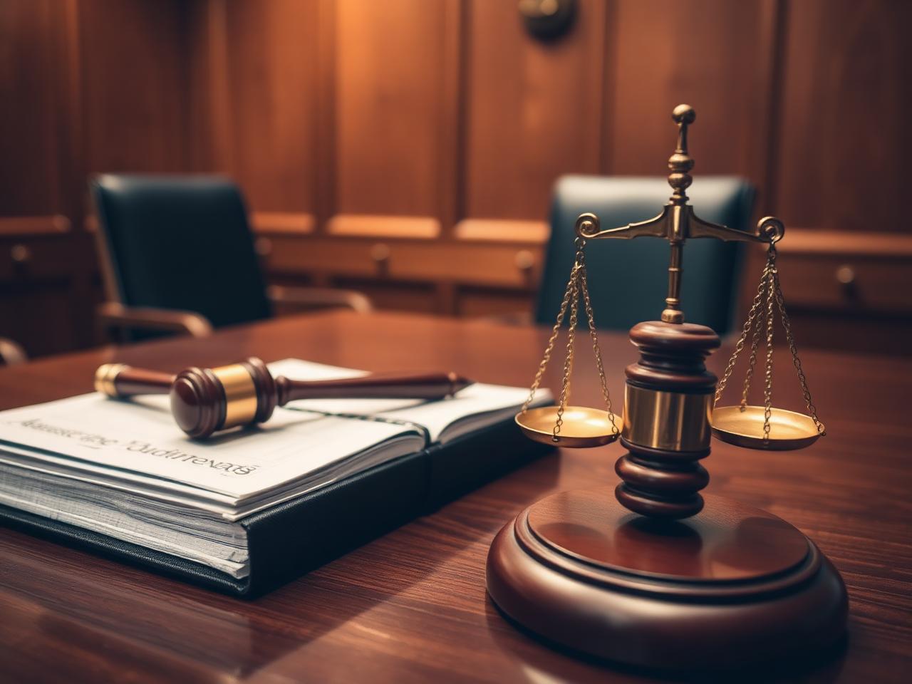 Gavel, scales of justice, and bound legal documents in a private hearing room