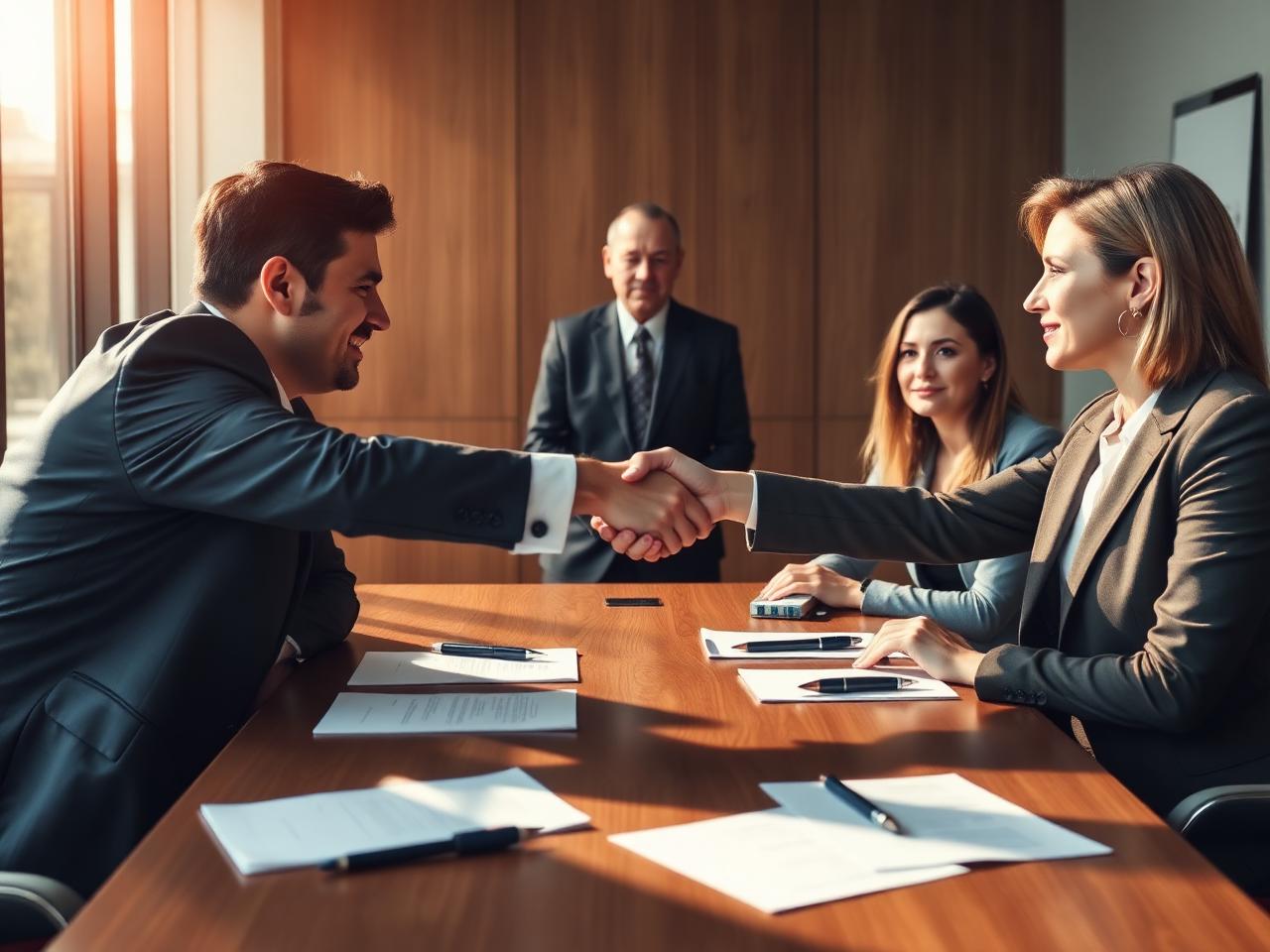 Two parties shaking hands across a conference table with a mediator present