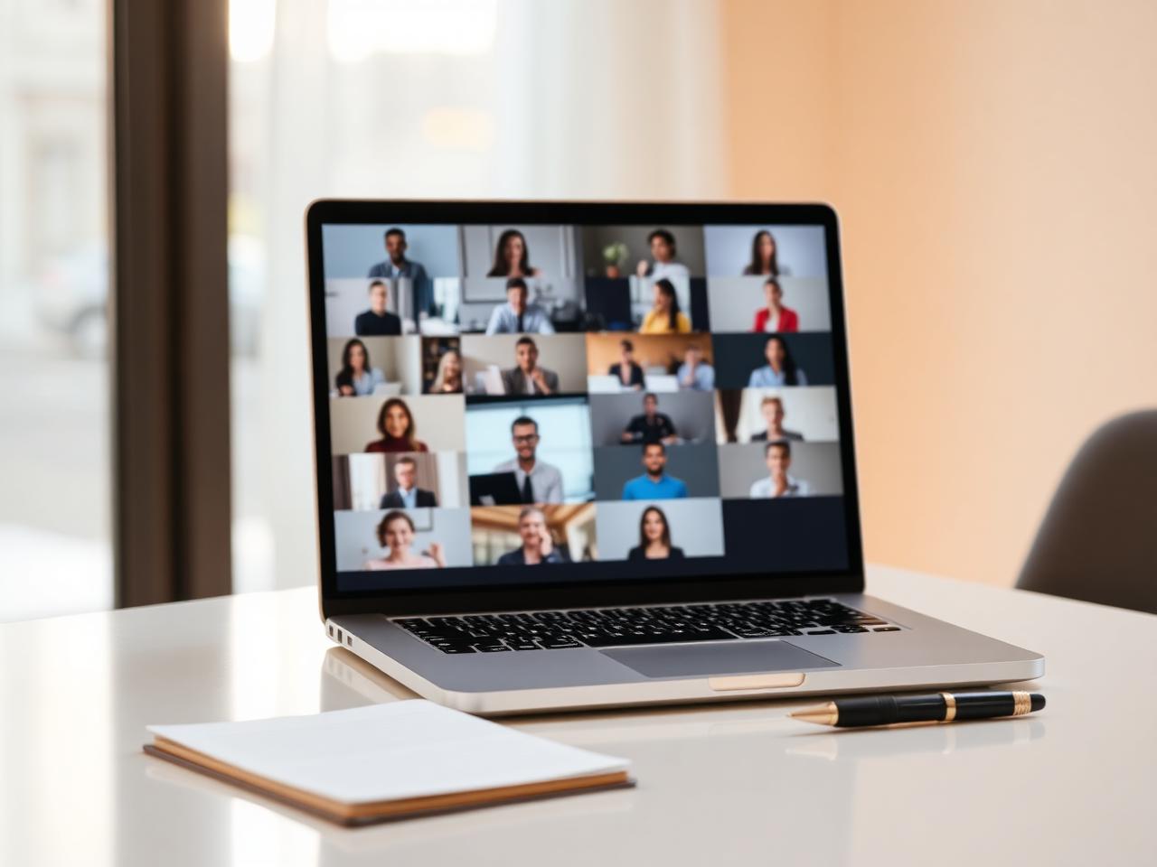 Laptop displaying a video conference grid with notebook and pen