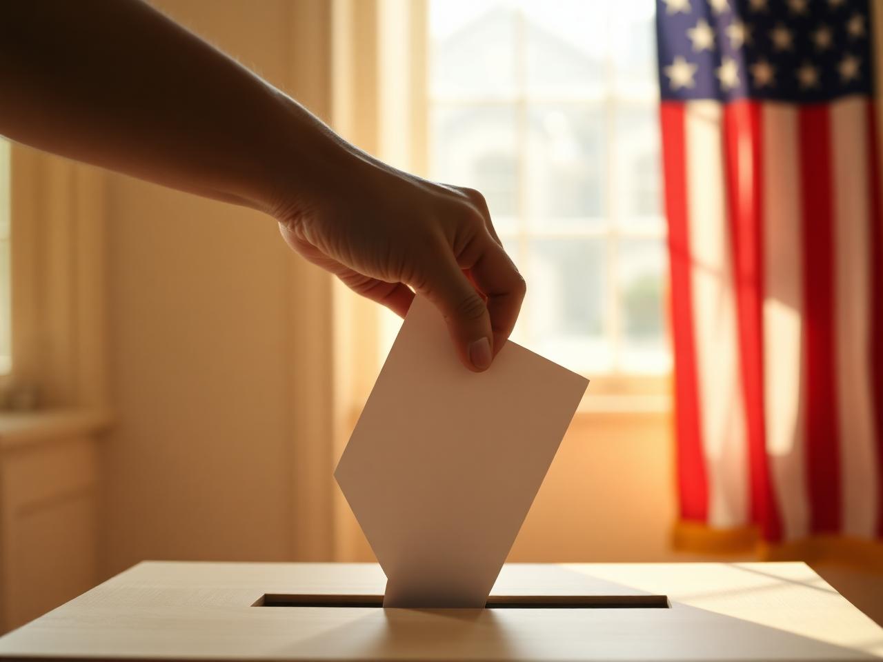 A hand placing a ballot into a wooden voting box near an American flag