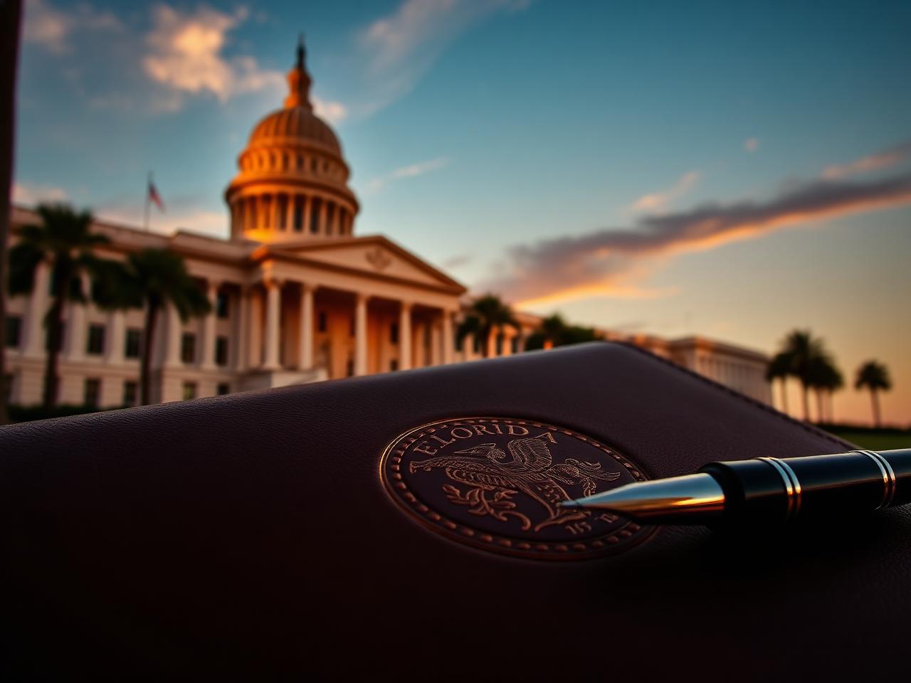 The Florida State Capitol at dusk with a leather portfolio bearing the state seal