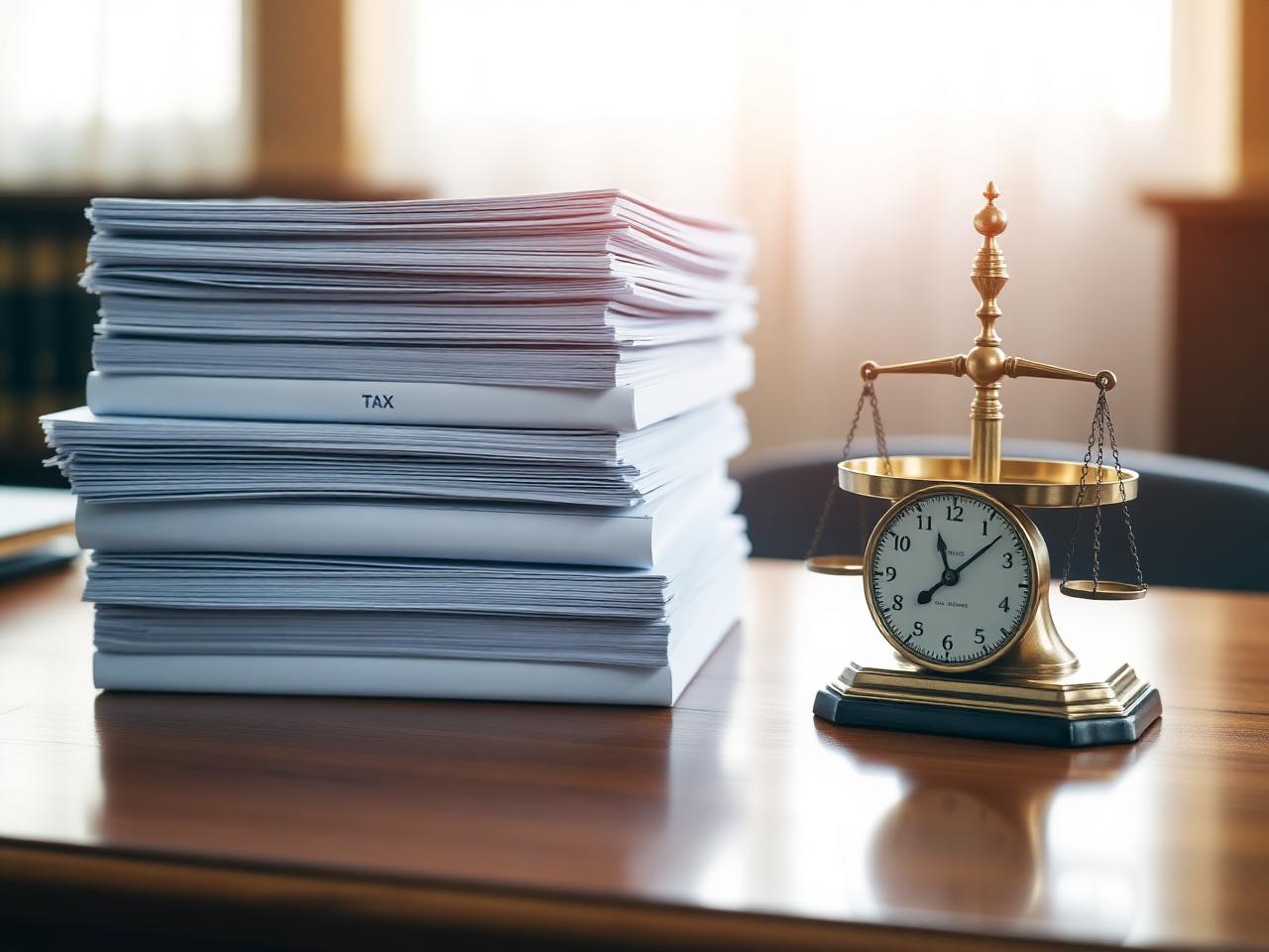 Stacked tax documents and a brass scale on a polished wood desk