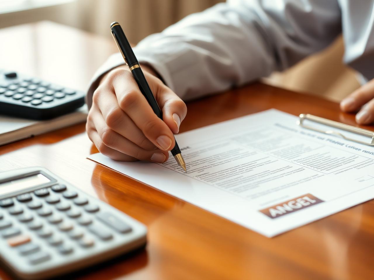 A hand signing a legal document with a fountain pen at a polished desk
